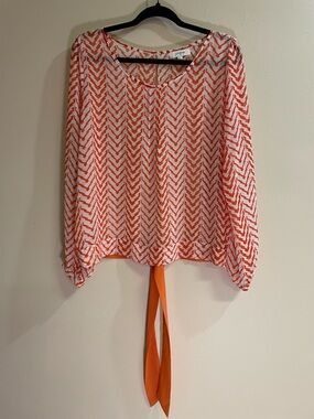 Umgee Geometric Orange & White Chevron Tie-Back Blouse Women’s Size L